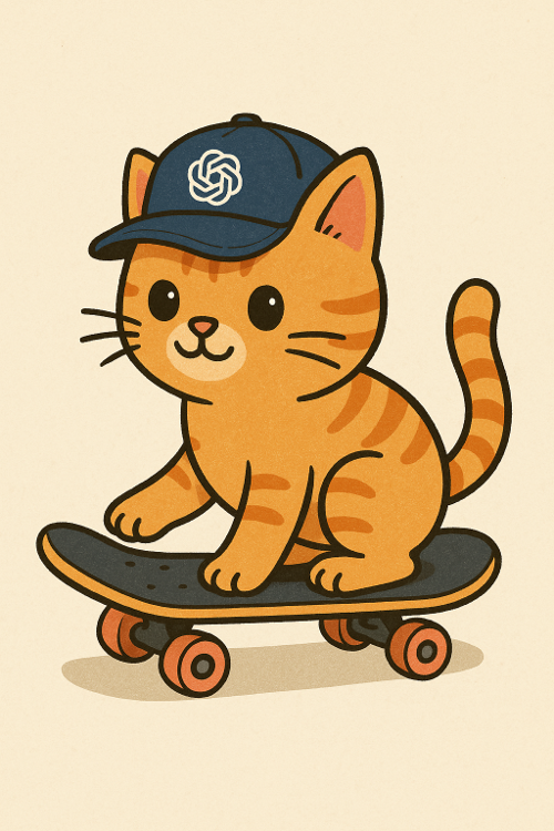 cat on skateboard wearing openai cap
