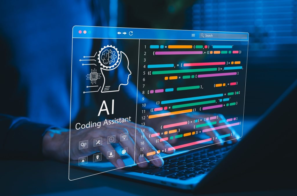 AI Coding Assistant on Screen with person typing on a keyboard.